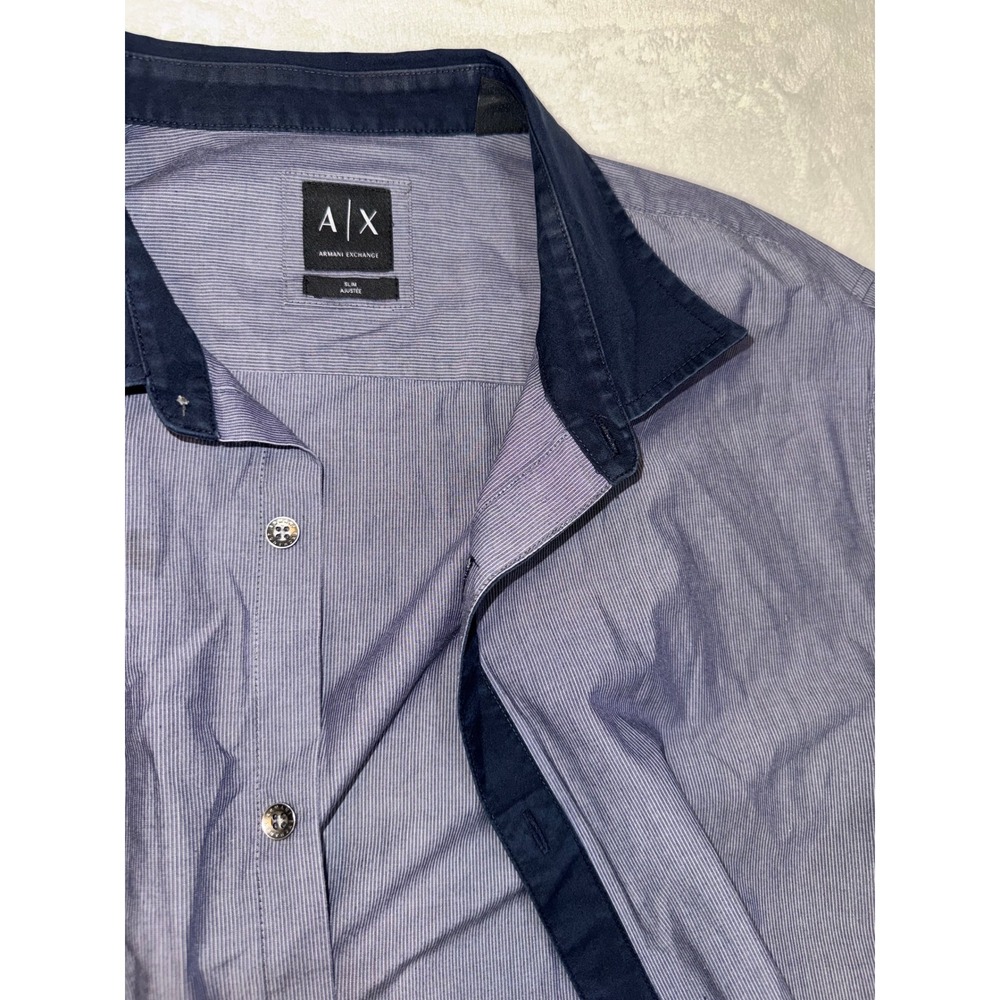 Armani Exchange AX Mens Slim Fit Button Down Shirt Blue Micro Stripe Large